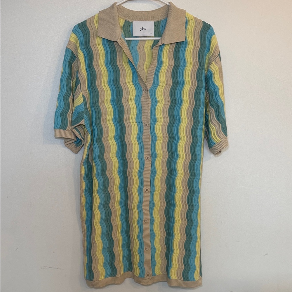 yllw Blue Yellow Wavy Pointelle Knit Button Down Polo Mini Dress Cardigan S/M - Picture 2 of 10
